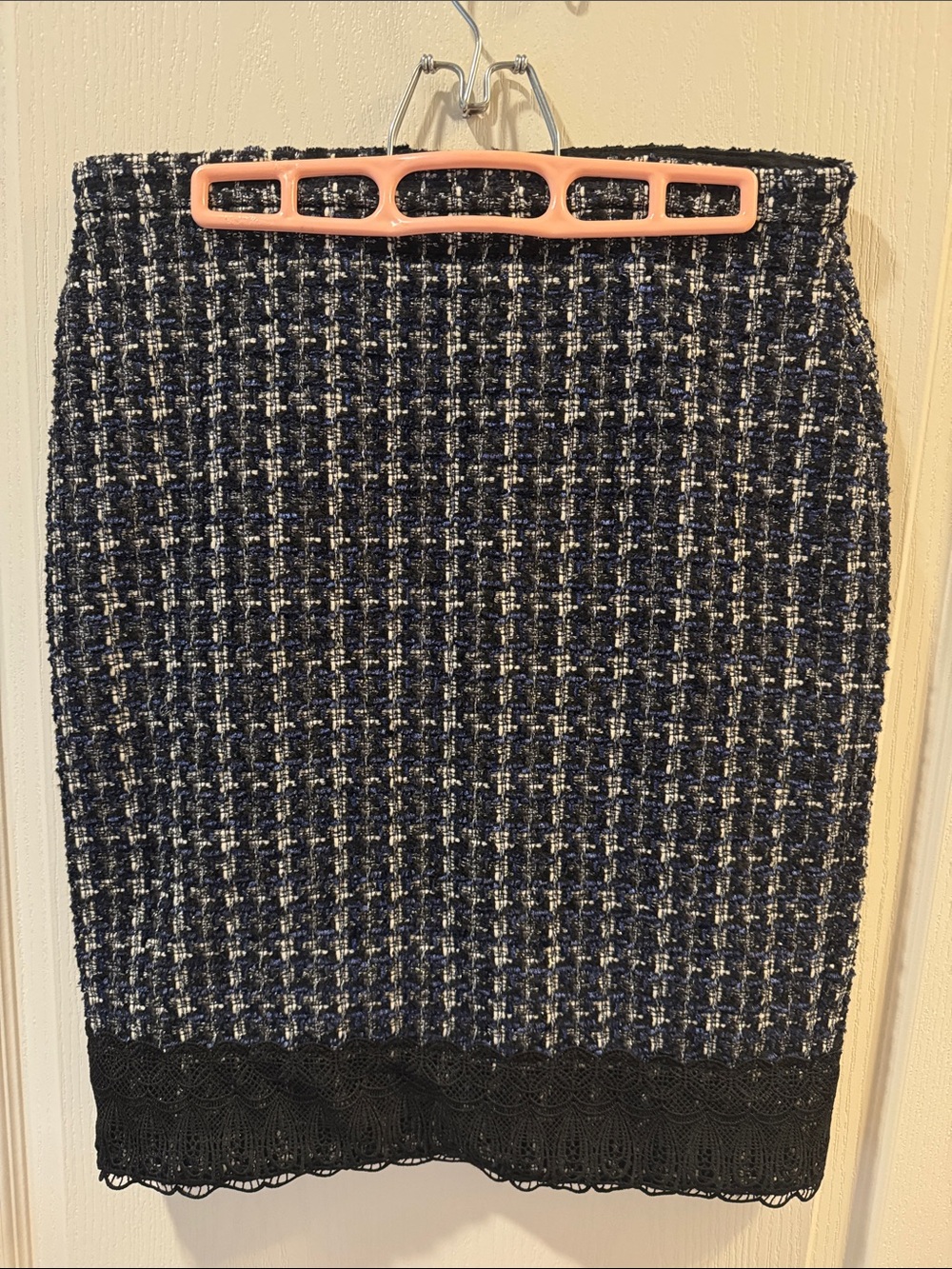 Ann Taylor Navy and Black Tweed Pencil Skirt with Lace Hem